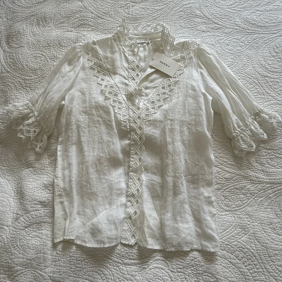 FRAME Elegant Embroidered White Lace Trim Blouse - Picture 6 of 9